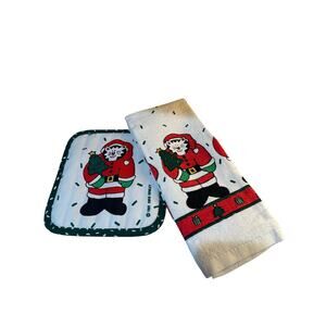 Vintage 1992 CoCo Dowley Christmas Cat Themed Dish Toqel And Pot Holder